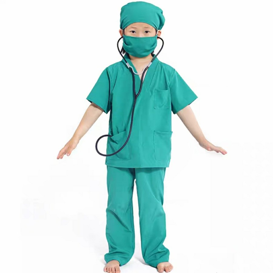 Kids Surgeon Costume Green v neck set Kostum dokter baju oka anak 4 in 1 Green