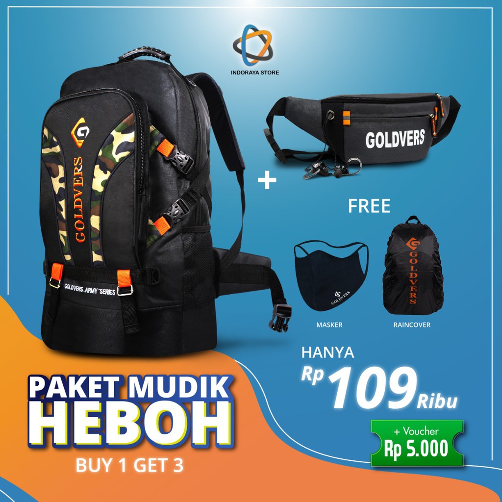 INDORAYA STORE-tas ransel pria 60 liter original GOLDVERS FREE raincover+ tas selempang+masker motor