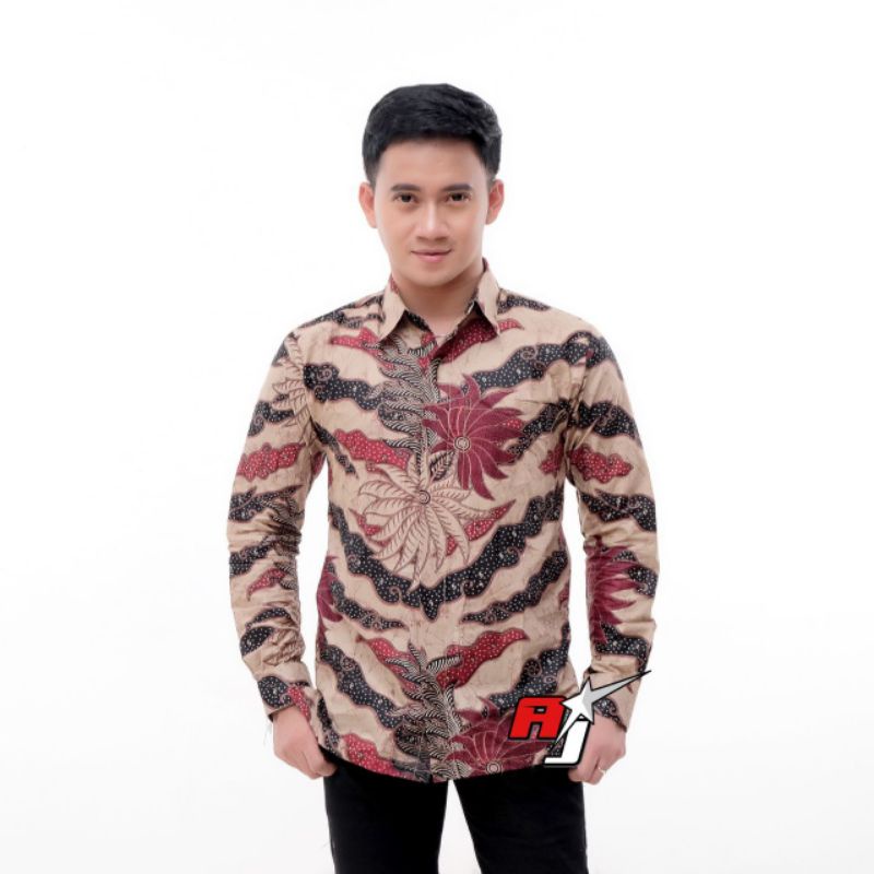 ATASAN KEMEJA BATIK COWOK LENGAN PANJANG cream krem latte navy jumbo kerja kantor motif daun formal