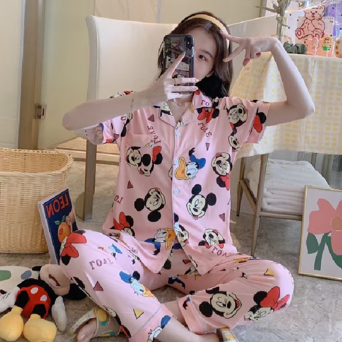 Baju Tidur Wanita Piyama Model Kemeja Lengan pendek Celana Panjang Pijamas BT04