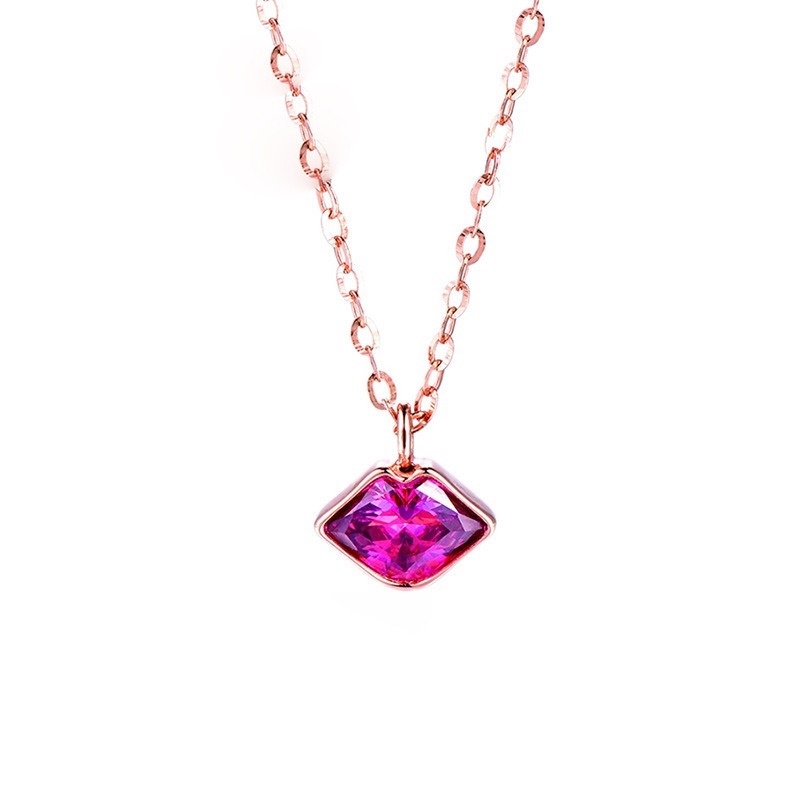 [Ready Stock]Fashion Lips Red Crystal Pendant Rose Gold Necklace