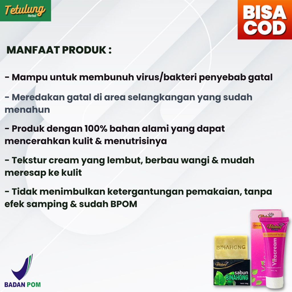 OBAT GATAL SELANGKANGAN, MENGHILANGKAN BEKAS GATAL &amp; MENCERAHKAN SELANGKANGAN - VITACREAM, TAMANU &amp; SABUN BINAHONG