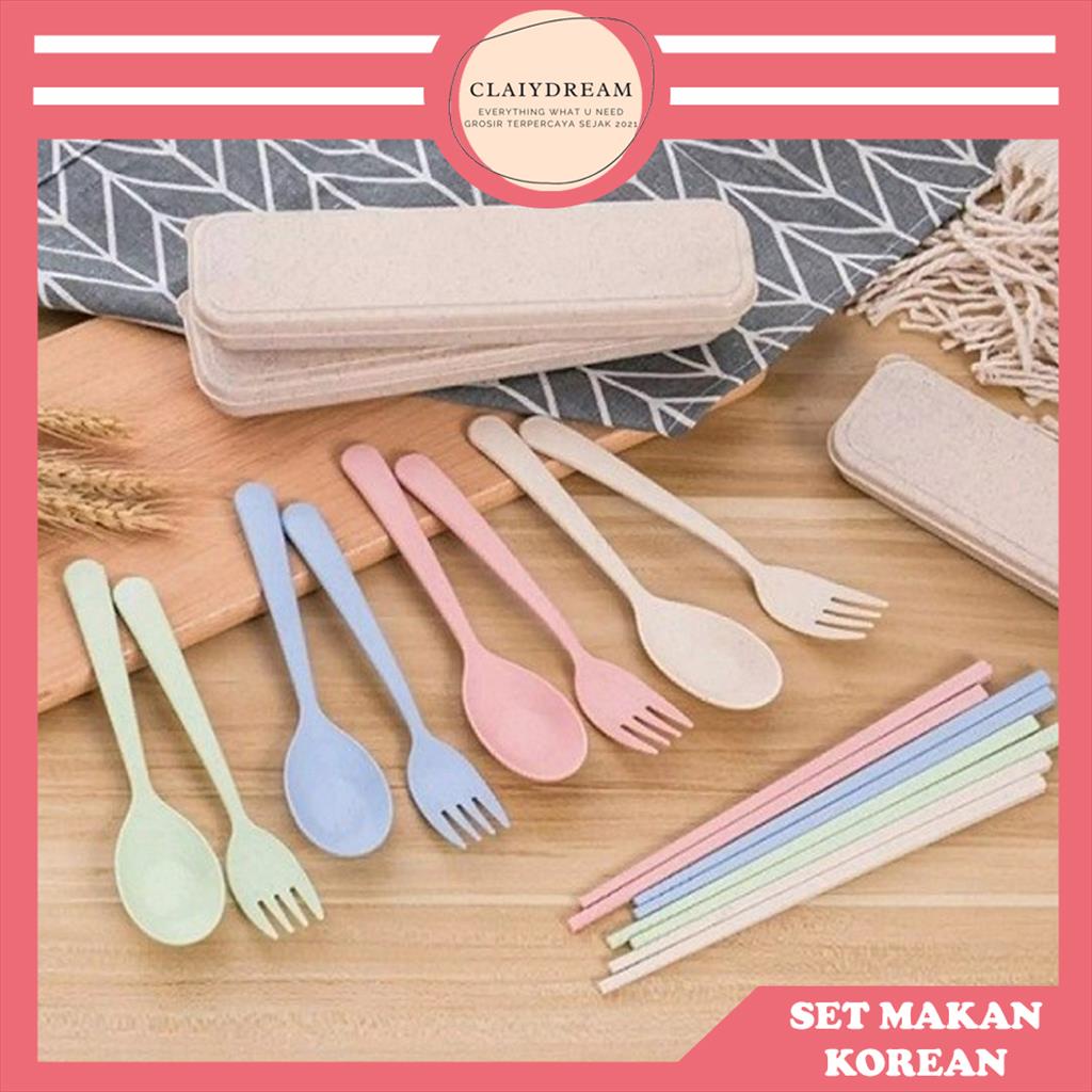 Alat Makan Sendok Sumpit Garpu Alat Makan Box Korea Travelling Set 3IN1 Bahan Plastik CLAIYDREAM-2
