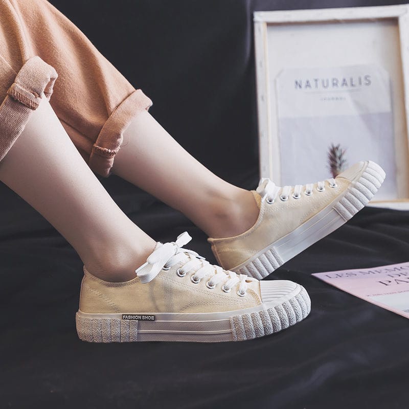 IDEALIFESHOES SEPATU KANVAS WARNA PINK DAN CREAM WANITA KOREA STYLE SEPATU SNEAKERS WANITA SPORT SHOES CREAM KEKINIAN 2022 TERBARU IMPORT FASHION SHOES