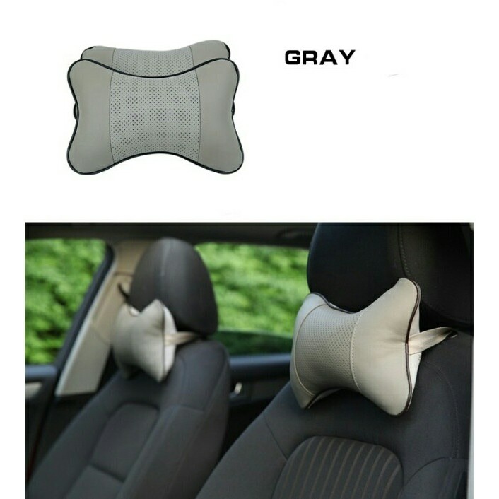 2Pcs Bantal Mobil Abu Grey Premium Empuk Kulit Sintetis