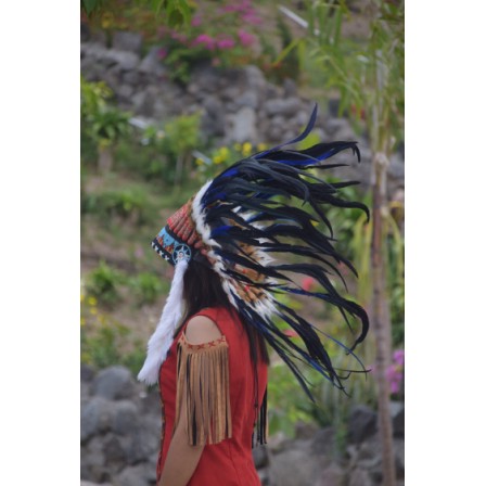 TOPI INDIAN-INDIAN HEADDRESS SMALL AYAM MONTE BIRU FUR PUTIH