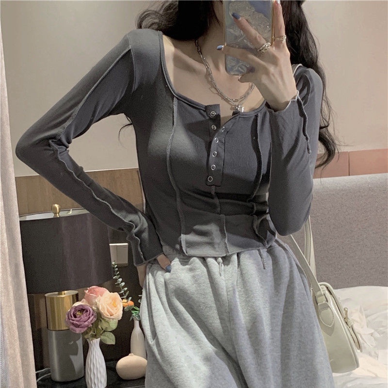 impor [48 jam pengiriman] bottoming shirt top ketat lengan panjang t-shirt wanita
