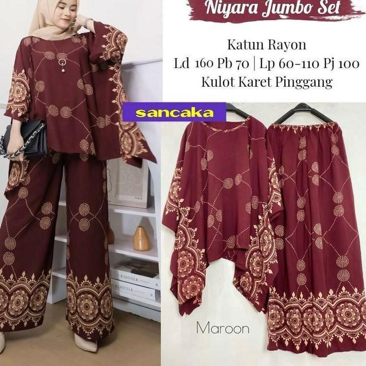 Siap Kirim NIYARA JUMBO SET Baju Setelan One Set Batwing Tunik Waka Waka Kulot Celana Panjang Motif 