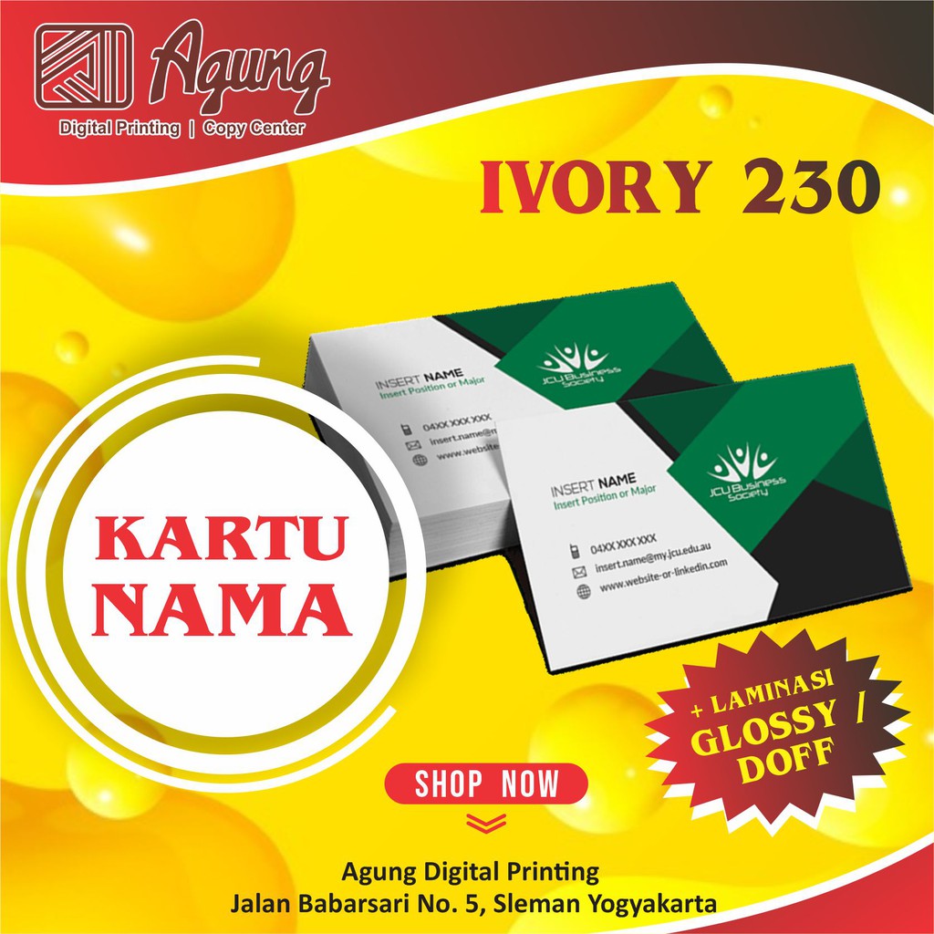 

KARTU NAMA + BOX ISI 100 LEMBAR CUSTOM BAHAN IVORY 230 CETAK 2 MUKA