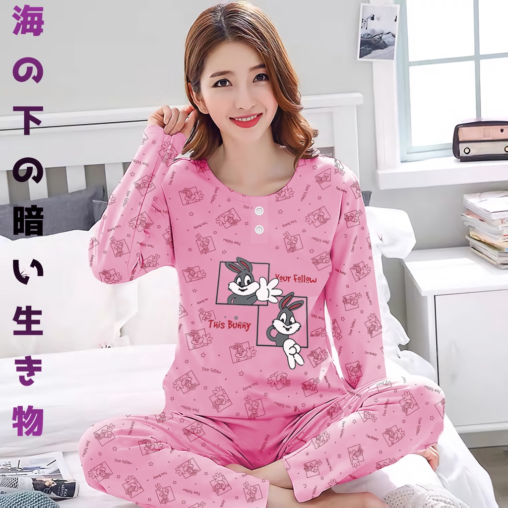Sunchery Baju Tidur Wanita Bunny Celana Panjang PP Allsize Lengan Panjang Baby Doll Bahan Kaos Dewas
