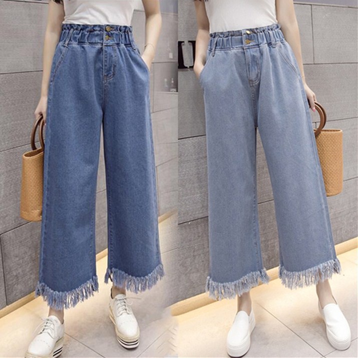 #Sisjuly# Jeans Wanita Sekolahan Pinggang Tinggi Elastis Celana Crop Flare Longgar