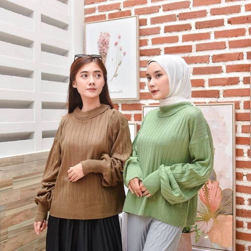 Sylla blouse rajut atasan rajut Top rajut rajut lengan balon turtleneck baju rajut wanita