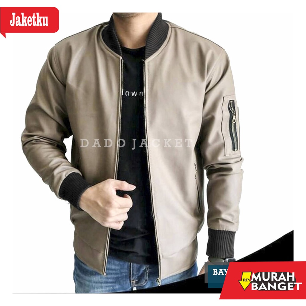 jaket Kulit pria terkeren- Jaket Bomber Pria Cowok Polos Original Premium Import Bahan Semi Kulit Si