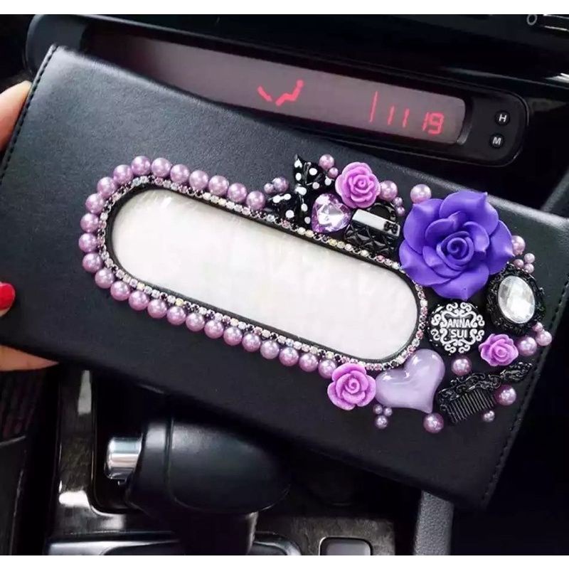 tempat tissue mobil sunvisor kotak tissue mobil bunga anna sui ungu bunga blink TISU KLIP // Tempat tissue sunvisor clip tisu mobil flower bunga kulit bling bling