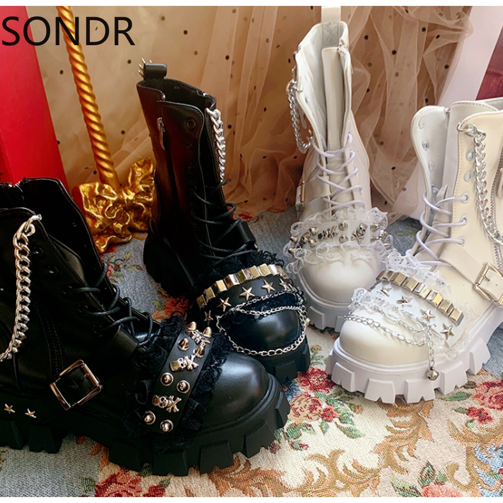 Women Round Toe Skull Cross Metal Chain Gothic Punk Ankle Boots Shoes Platform Chunky Heel Creepers