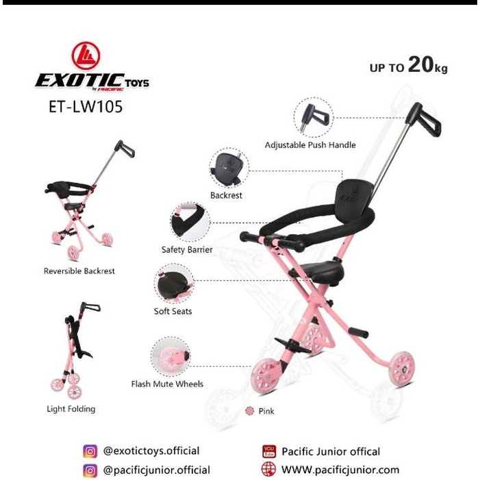 Stroler Anak Bayi Balita Kursi Dorong Micro Stroller Trike Exotic ET LW105 Roda 3 tanpa Sandaran Bolak Balik-7