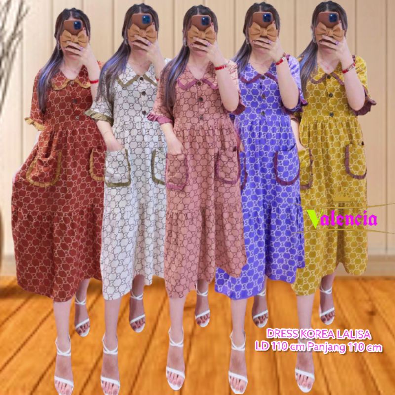 Dress Wanita Korea LaLisa Rayon Premium Baju Wanita Kerah Peterpan Lengan Pendek Kekinian LD 110 cm