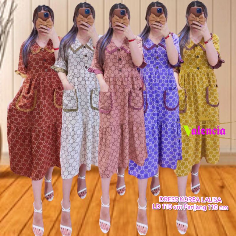 Dress Wanita Korea LaLisa Rayon Premium Baju Wanita Kerah Peterpan Lengan Pendek Kekinian LD 110 cm