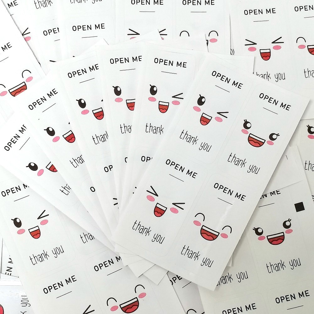 100 pcs 3x6 cm BUKA SAYA Lucu Smiley Emoji Terima Kasih Stiker Paket Dekorasi Penyegelan Label Alat Tulis Stiker