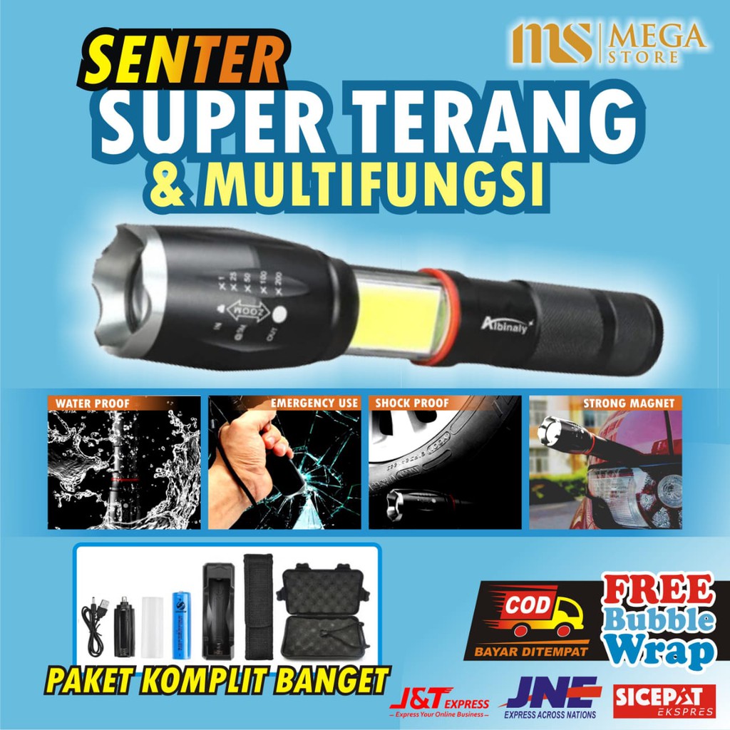 PAKET Senter Led Super Terang Jarak Jauh Lampu COB 8000 Lumens Cree E17 xml T6 Taffware Outdoor COD