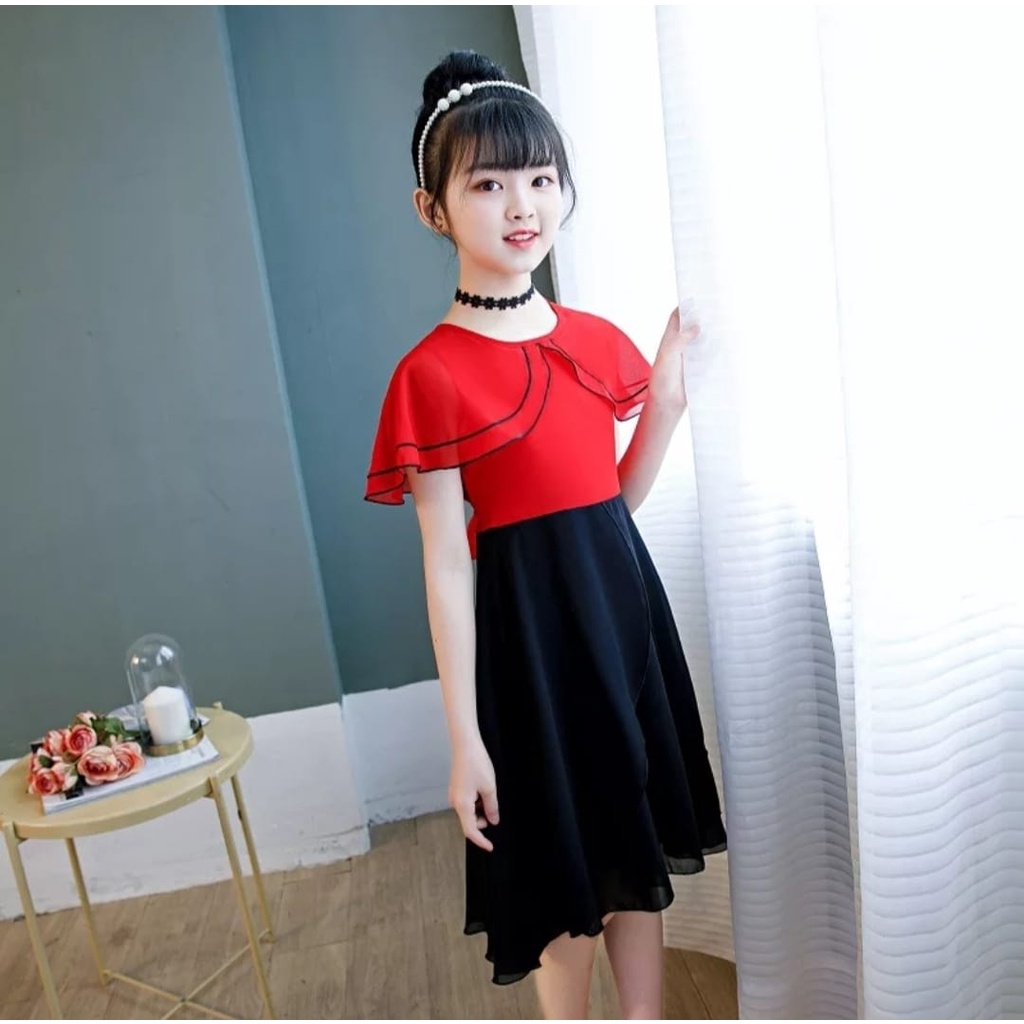 INV - DRESS KIDS SMS 615 / RED BLACK / TERBARU/KOREA/BANGKOK/UMUR 5 SAMPAI 12 TAHUN