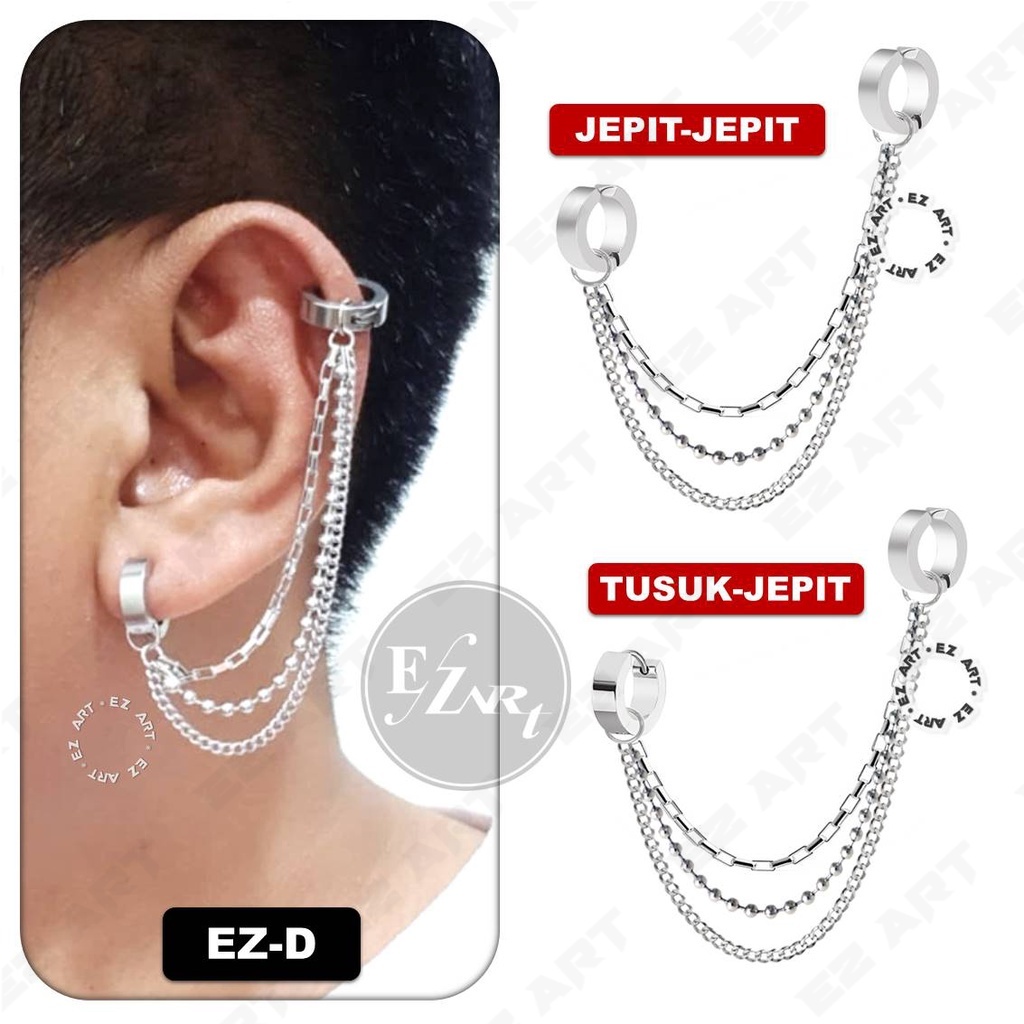 Anting Fashion Cowok Triple Helix 3 Tipe Sambungan Rantai Jepit Tusuk Variasi Bandul Gaya Punk Korea KPOP BTS Stainless Steel Kode EZ-D