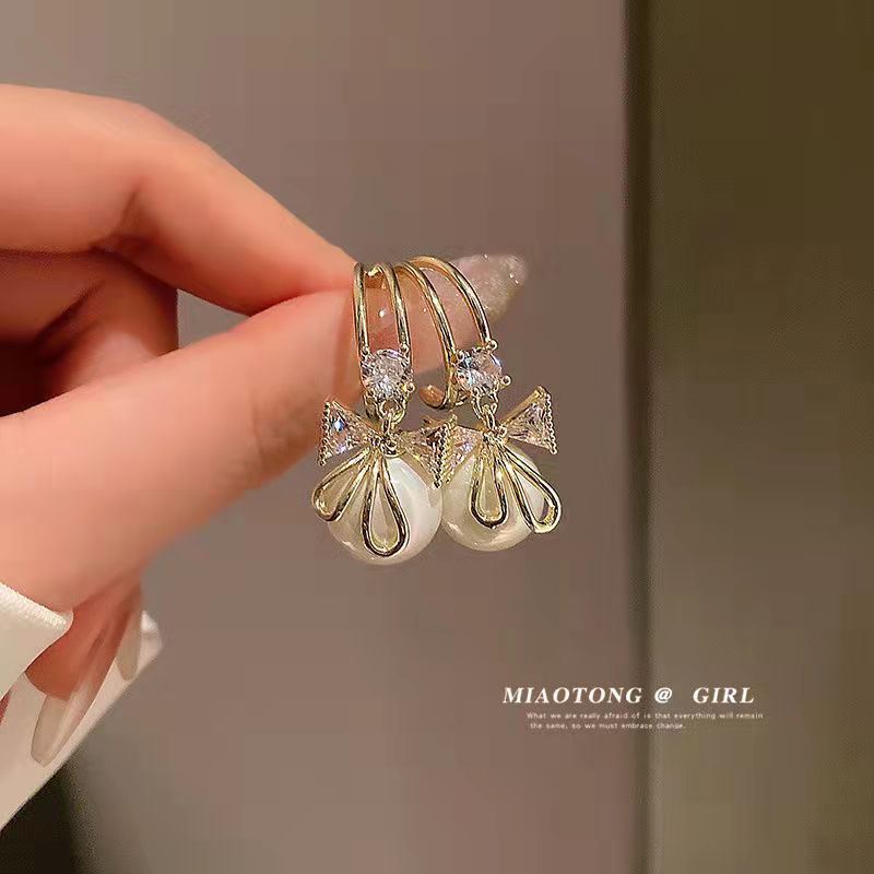 Anting Tusuk Sterling Silver 925 Desain Pita Hias Mutiara + Berlian Untuk Wanita ACKER