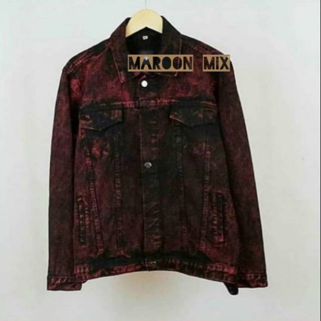 Jaket Jeans Merah Maroon Washing M L XL Denim Jins Oversize Red Mix Printing Wash Cowok Cewek