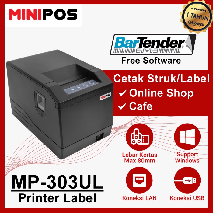 Barcode Printer Label MiniPOS MP-303UL, Direct Thermal 3in, USB, LAN