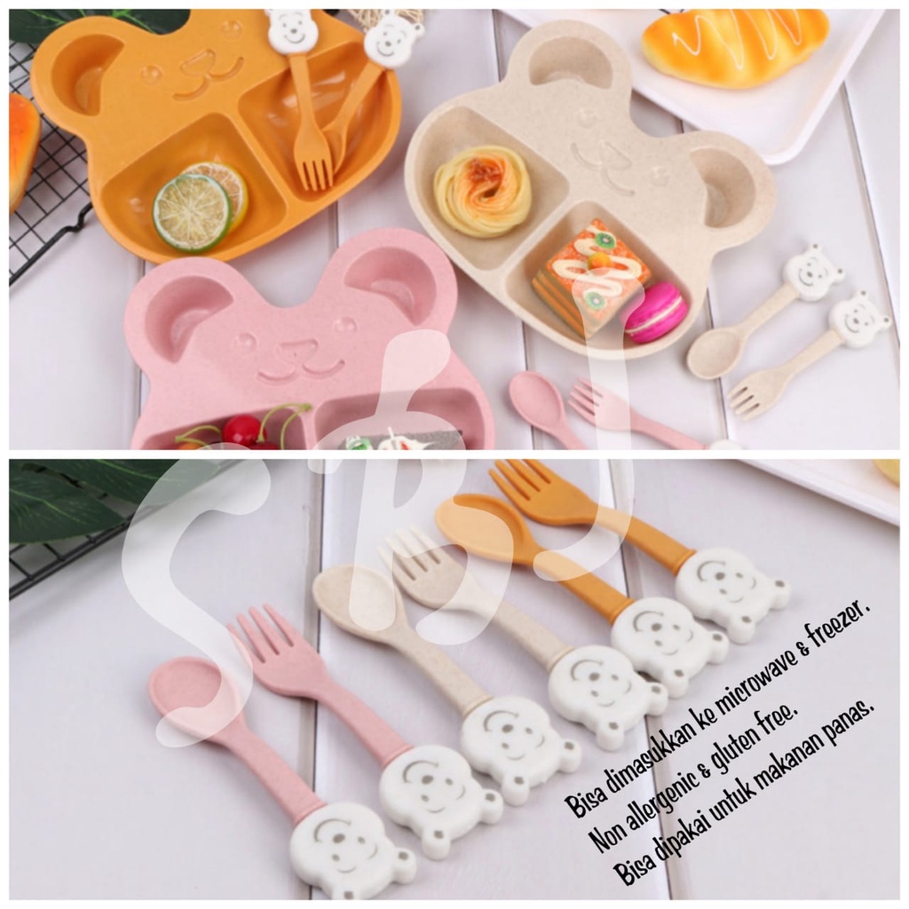 Set piring makan anak sekat bento bahan wheat fiber ada sendok garpu