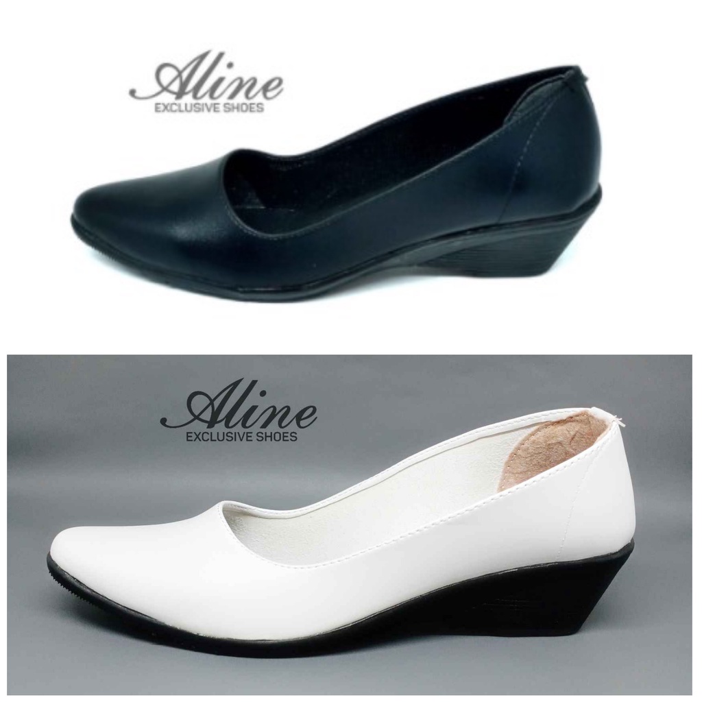 ALINE AW25 Sepatu Pantofel Wanita Hak 5 Cm Fantofel Wedges Kerja Hitam Polos Kilap