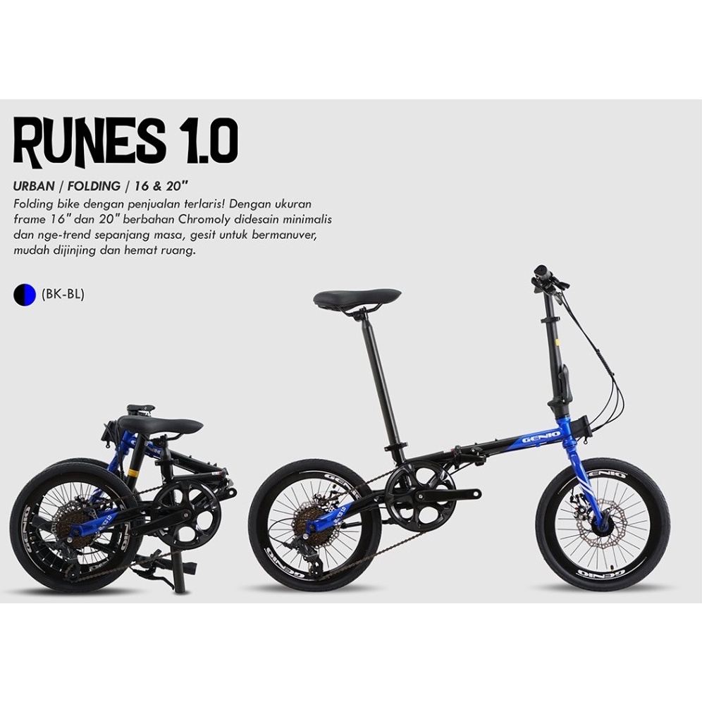 Sepeda Lipat Genio Runes 1.0 Chromoly Sensah 8 Speed Cakram 16 dan 20 inch SNI-Black Blue