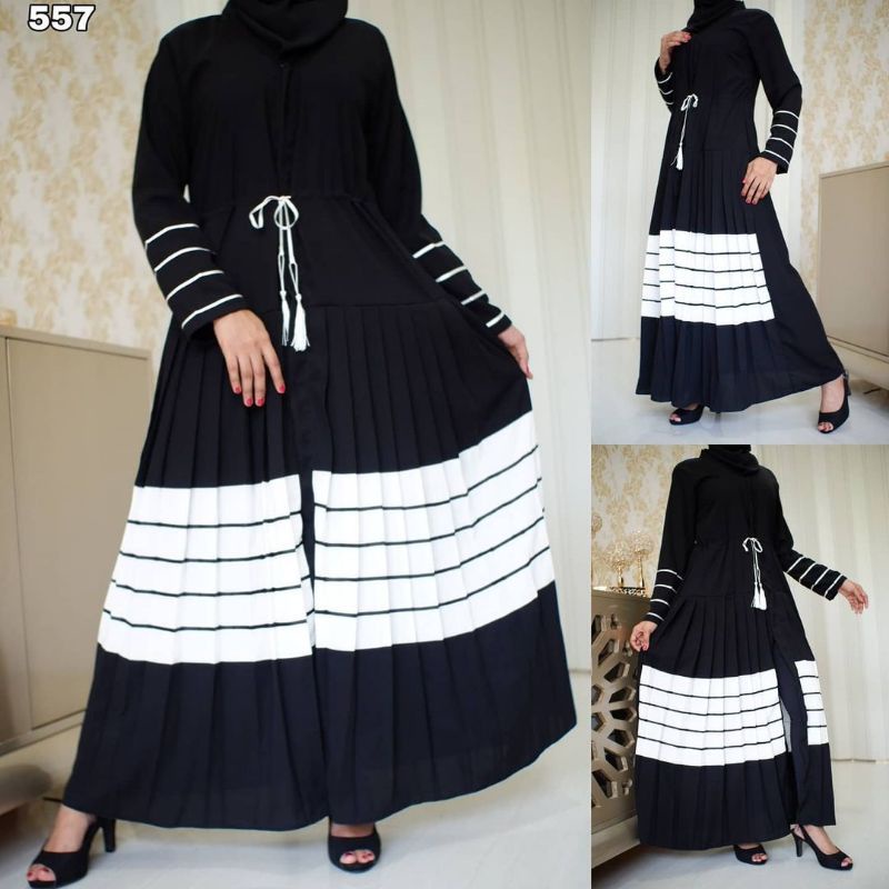 abaya simple hitam putih motif kondangan madina turkey zhepy outer long dress muslimah