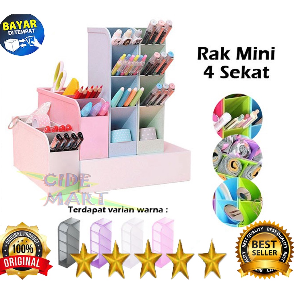 Rak Mini 4 Sekat / Rak Laci Plastik 4 Slot Pulpen Spidol / Desktop Drawer / Rak Mini 4 Sekat / Tempat Penyimpanan ATK Pena Pensil Pulpen Gunting Sendok / Kotak Organizer Tempat Alat Tulis Meja Kerja Belajar Remot AC TV Kipas Brush Make Up Kosmetik Dasi