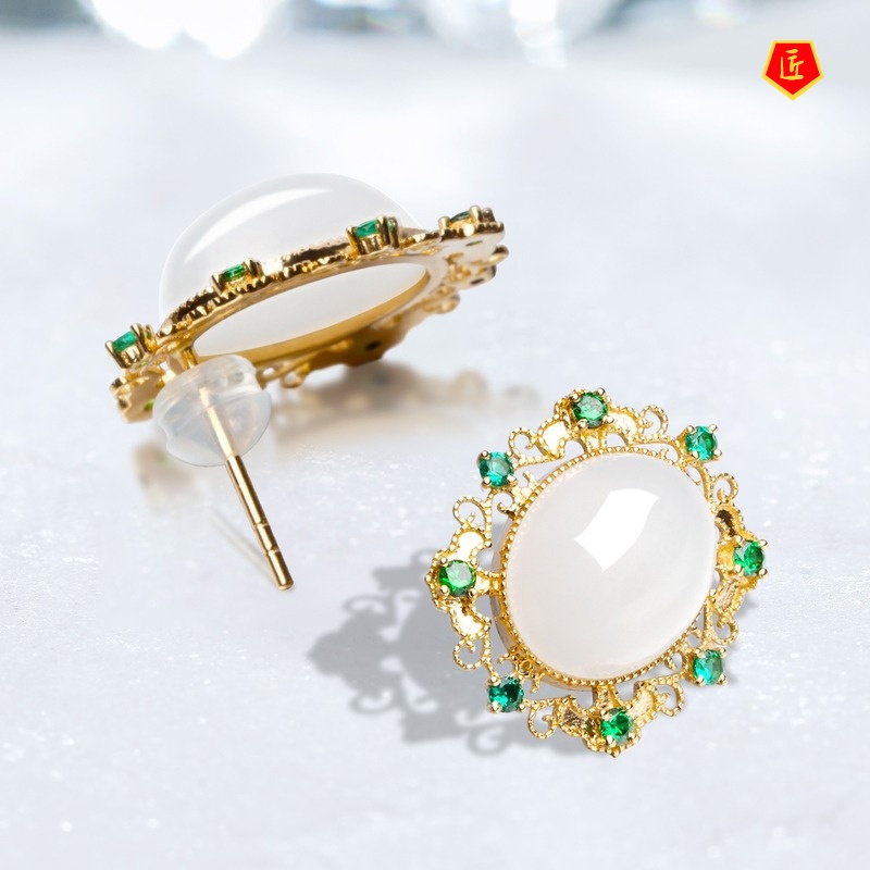 [Ready Stock]New Ear Studs White Jade Pendant Open Ring Set for Women