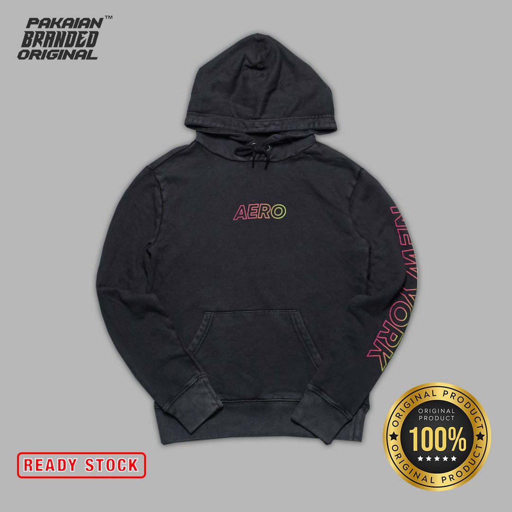 BRANDED MURAH - WASH HOODIE PULLOVER BY AEROPOSTALE NEWYORK ORIGINAL BARU CHARCOAL HITAM - PAKAIAN D