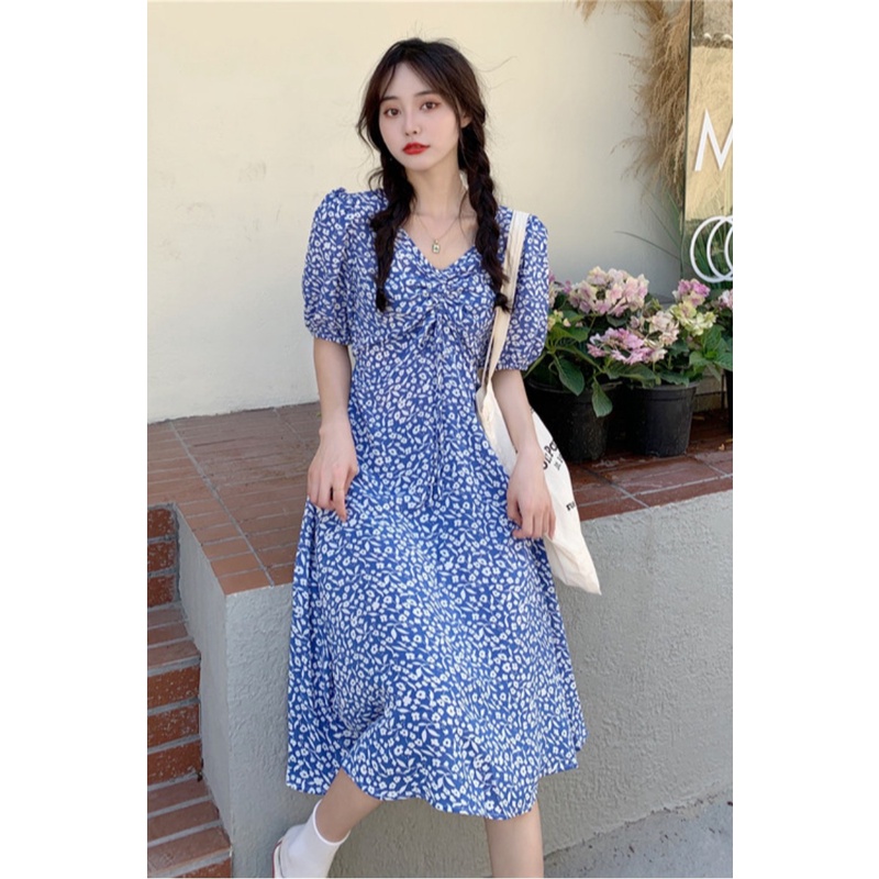 pakaian wanita korea COD 2022 New Fashion Korean Style daster kerut dada Black Blue Green Floral Short Sleeve Drawstring V Neck Midi dress wanita 2023 korea biru for Women Summer A-Line Casual tunik Dresses