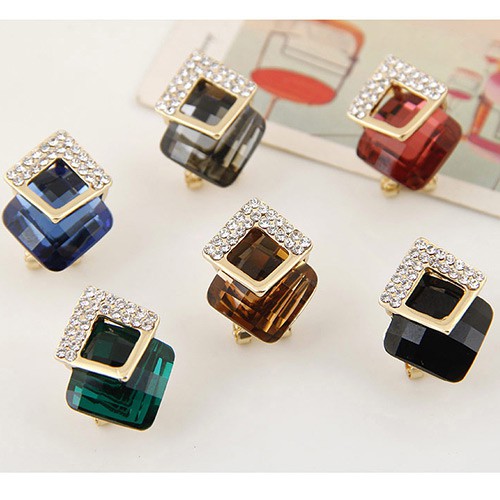 LRC Anting Color Diamond&amp;square Shape Gemstone Decorated Three-dimensional Earrings