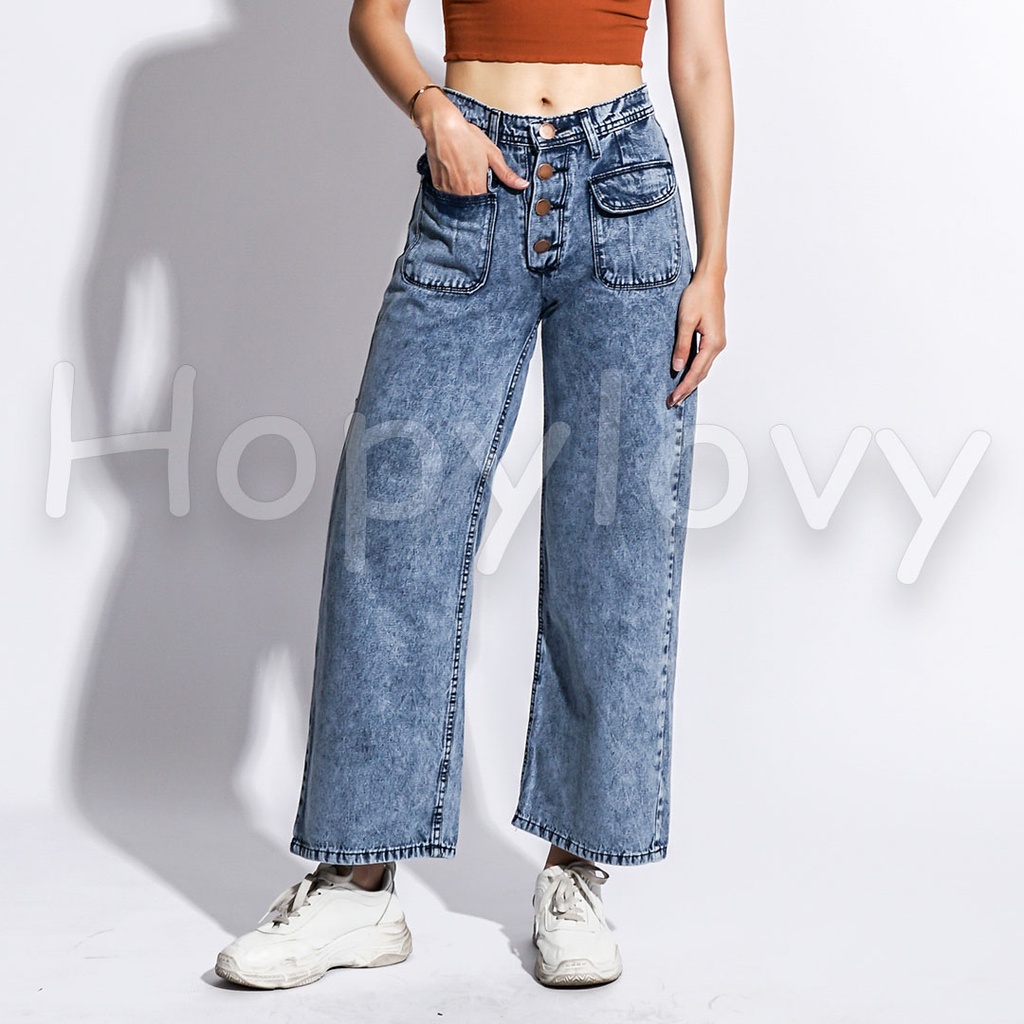 HOPYLOVY Celana Boyfriend Jeans Kancing Wanita Kantong Depan Pouch Frida