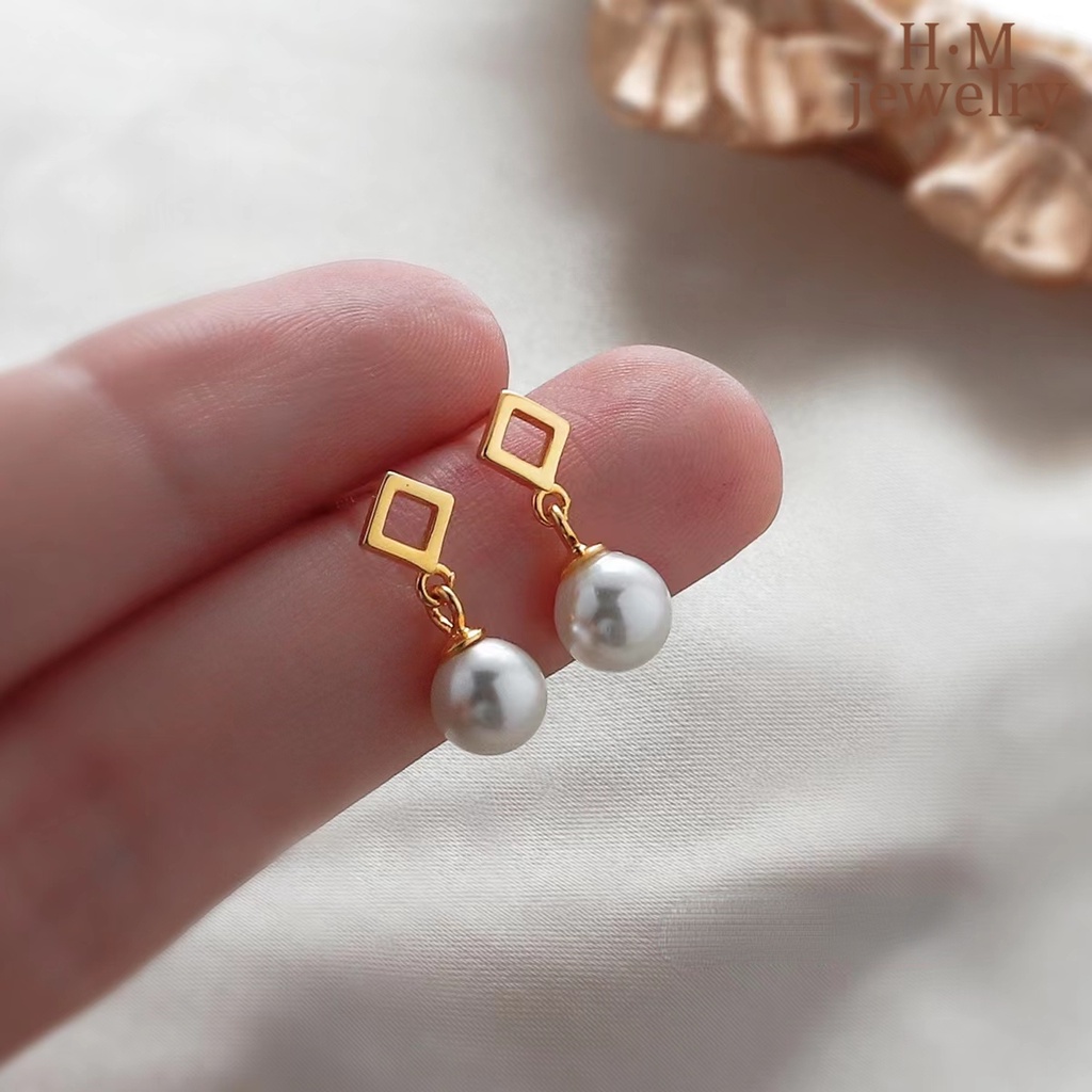 2022 Anting Tusuk Bentuk Kotak Geometri Aksen Mutiara Imitasi Gaya Vintage Untuk Wanita