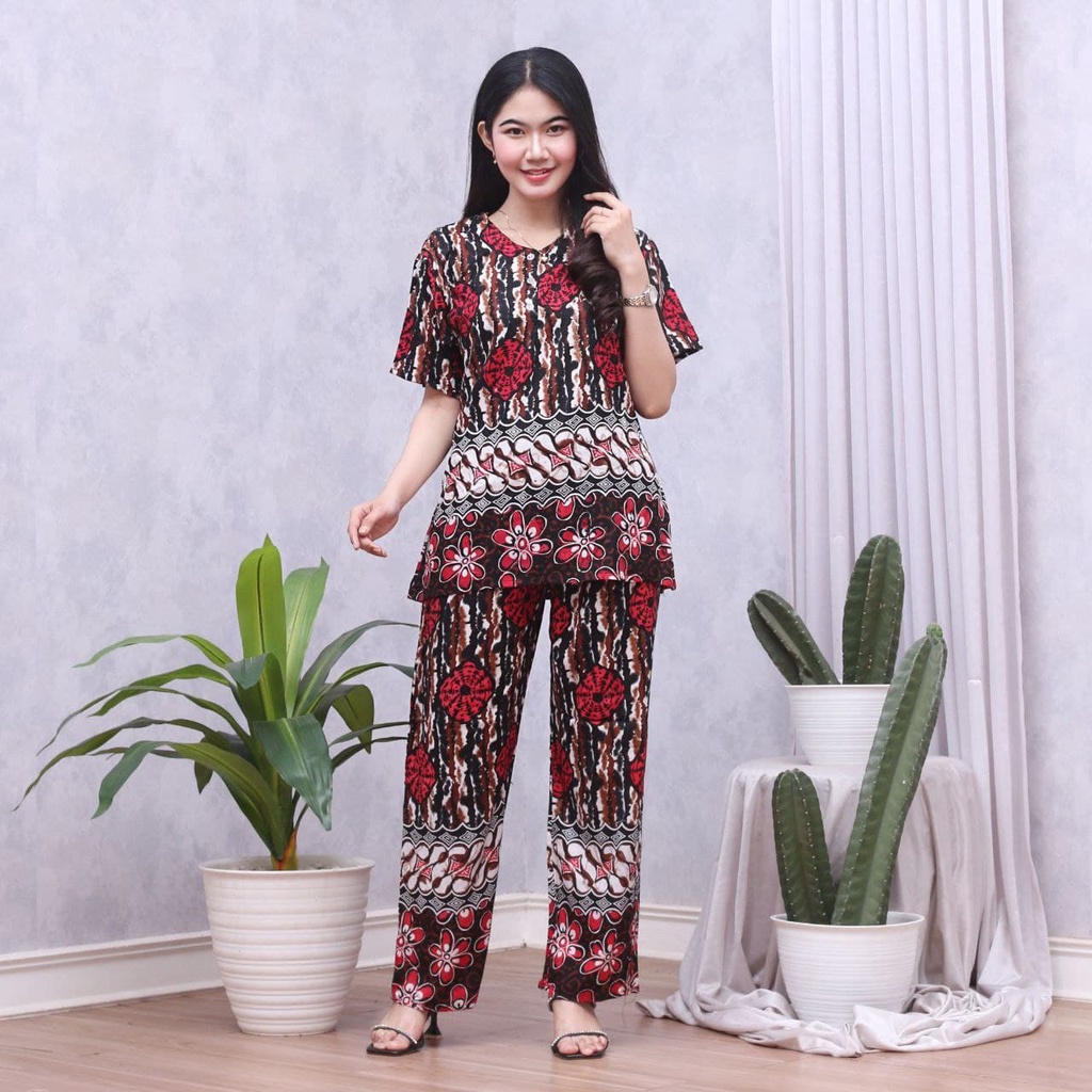 Batik Prass - Setelan Baju Tidur Busui Lengan Pendek - Piyama Batik Terbaru - Baju Santai-GLORY MERAH