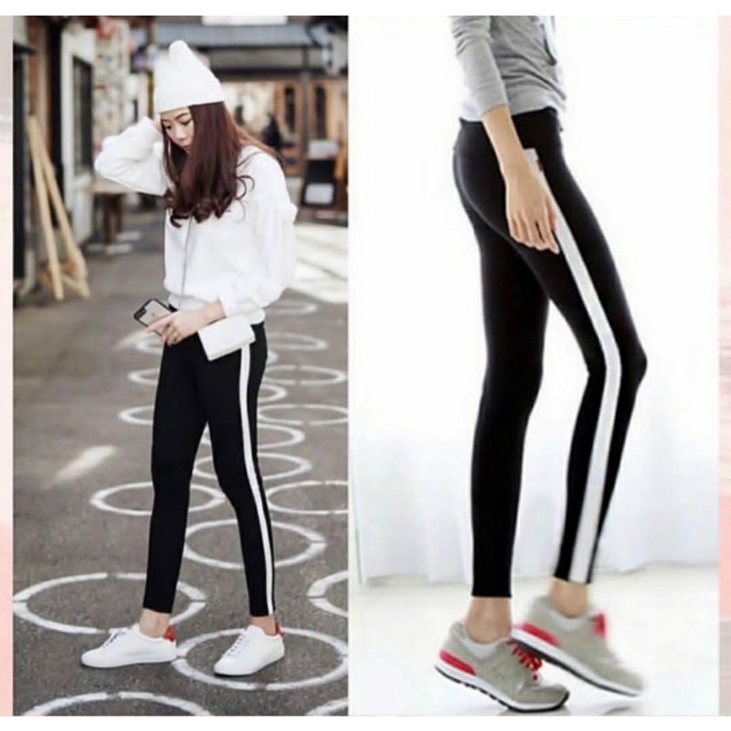 Legging Strip List Putih Bahan Spandex Leging Harian Olahraga