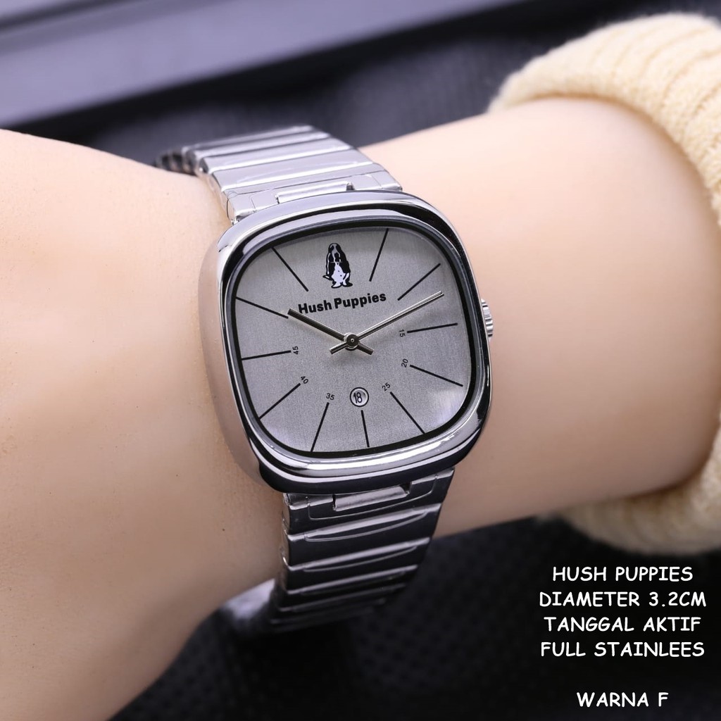 (GOOD QUALITY) Jam Tangan Wanita/Cewek Hush Puppies Segi Full Stainless Tanggal Aktif