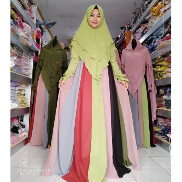 SET GAMIS SYARI BAJU MUSLIMAH POLOS PELANGI RAINBOW ALULA KHIMAR PET ANTEM CERUTY BUSUI BRANDED ORI