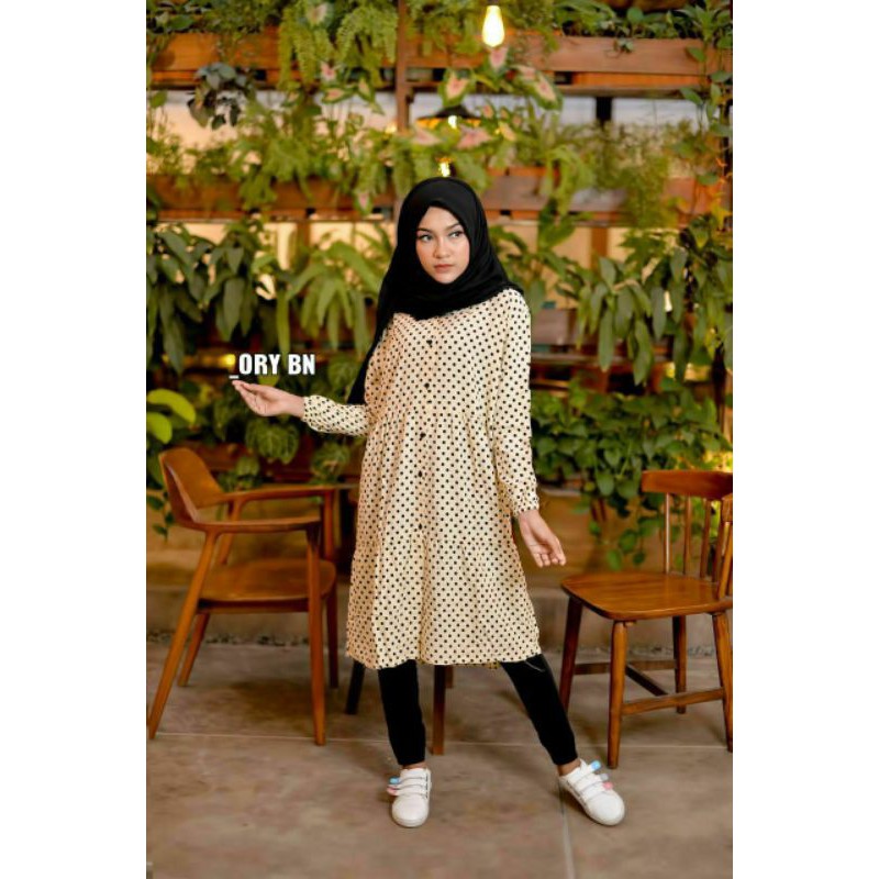 Tunik Viana Motif Polka Wanita Cantik Busui Friendly Fashion Elegan Unik Ramadhan Lebaran