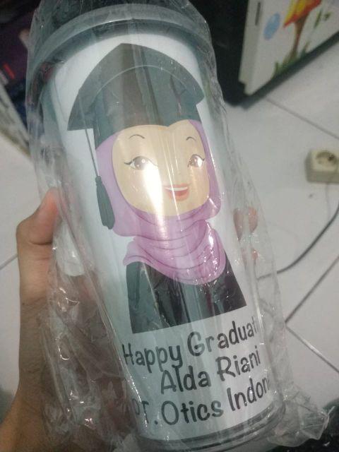 Tumbler Botol Minum Kado Gift Souvenir Wisuda Graduation Wanita Hijab Go Green Gelas