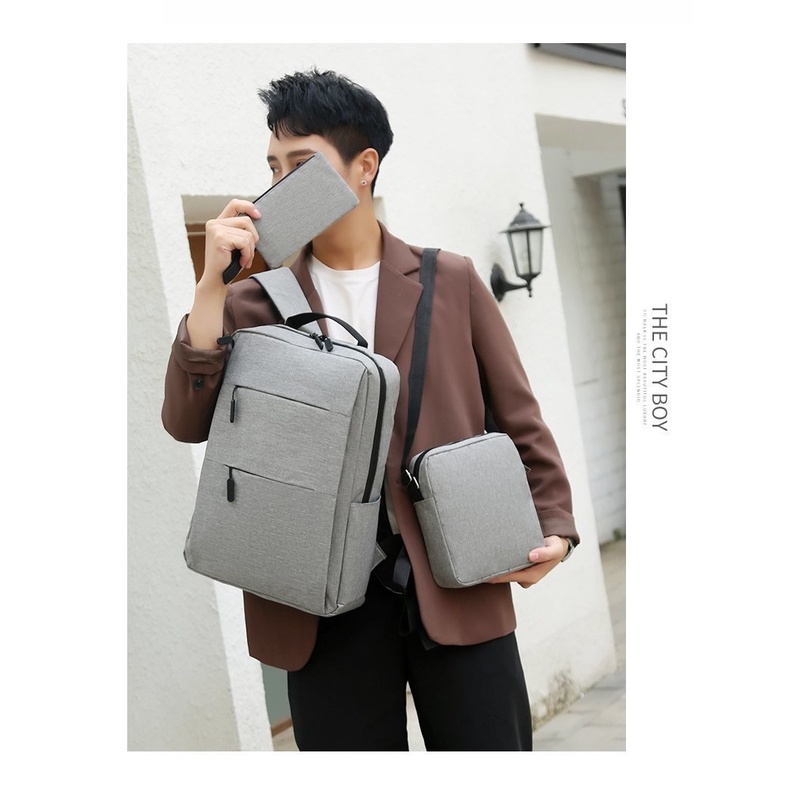 LP B10 Tas Ransel Pria &amp; Wanita Backpack Laptop Model Korea Import Ori USB 3 in 1 13 14 Inchi Leptop Asus Acer Lenovo HP Power Bank Charger Tali Selempang Kantong Pouch Botol Air Minum Besar Warna Hitam Abu Casual Premium Laki Cowok Cewek Perempuan Kasual