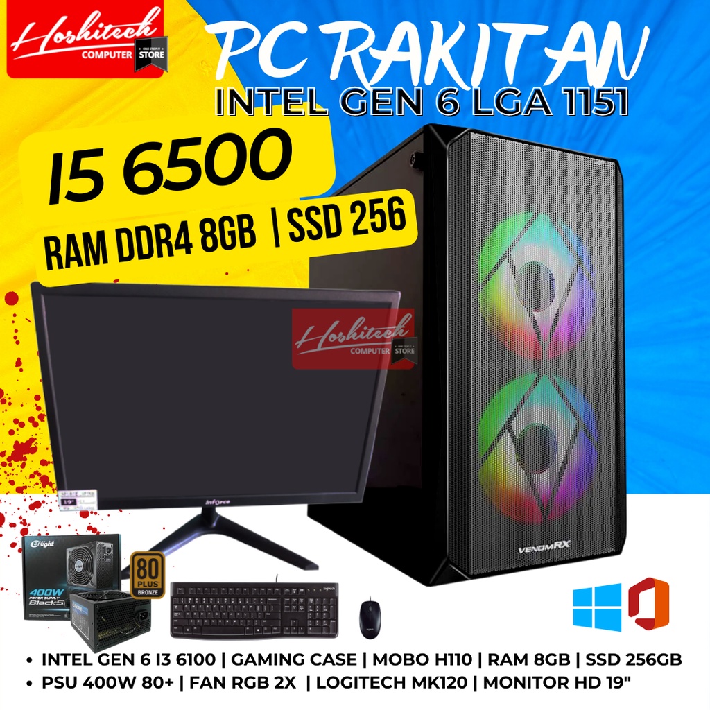 PC RAKITAN I5 EDITING OFFICE DDR4 8GB SSD 256GB MONITOR 19 INTEL GEN 6