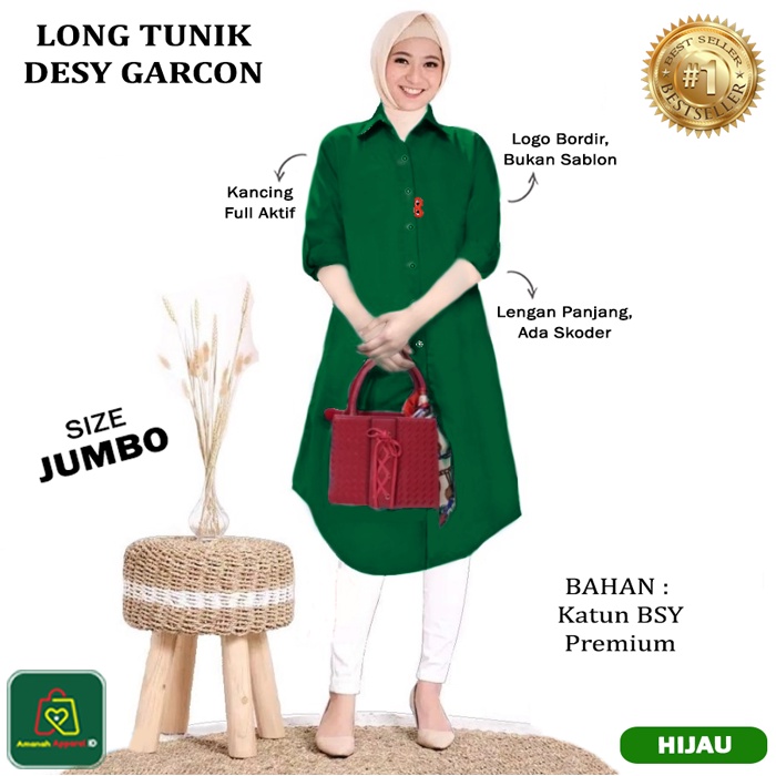 Baju Atasan Tunik Wanita Muslim LONG TUNIC DESY GARCON JUMBO Bahan Katun Emboss Premium Size XL-XXL / 19652 19655