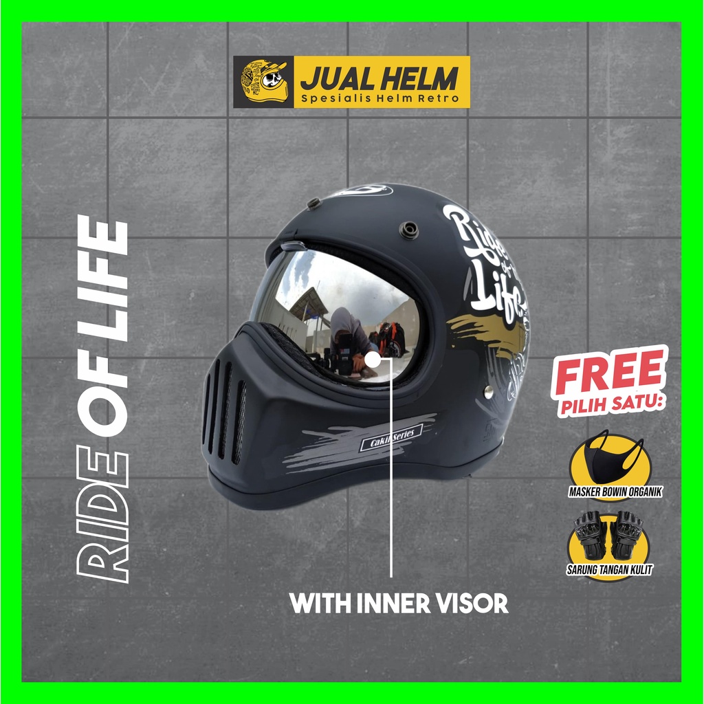 Helm Cakil HBC Ride Of life Black + Inner Visor ( Fullface / Retro / Klasik / Vespa )